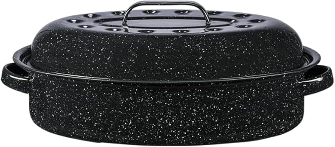 Granite Ware 15-Inch Covered Oval Roaster, 10 Lb Capacity - Enamel Steel Cookware, Dishwasher Safe & PFOA-Free, Even Heat Distribution for Roasting Poultry, Meat, or Vegetables (Speckled Black)