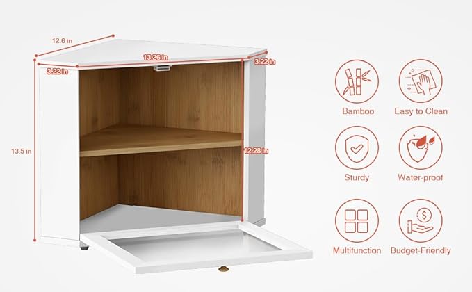 Goozii White Corner Bread Box for Kitchen Countertop, 2 Tier Breadbox for Sourdough Loaf, Modern Bread Storage Container for Island Counter Top Organizer, Cabinet Cupboard Pantry Shelf (Bamboo Wood)