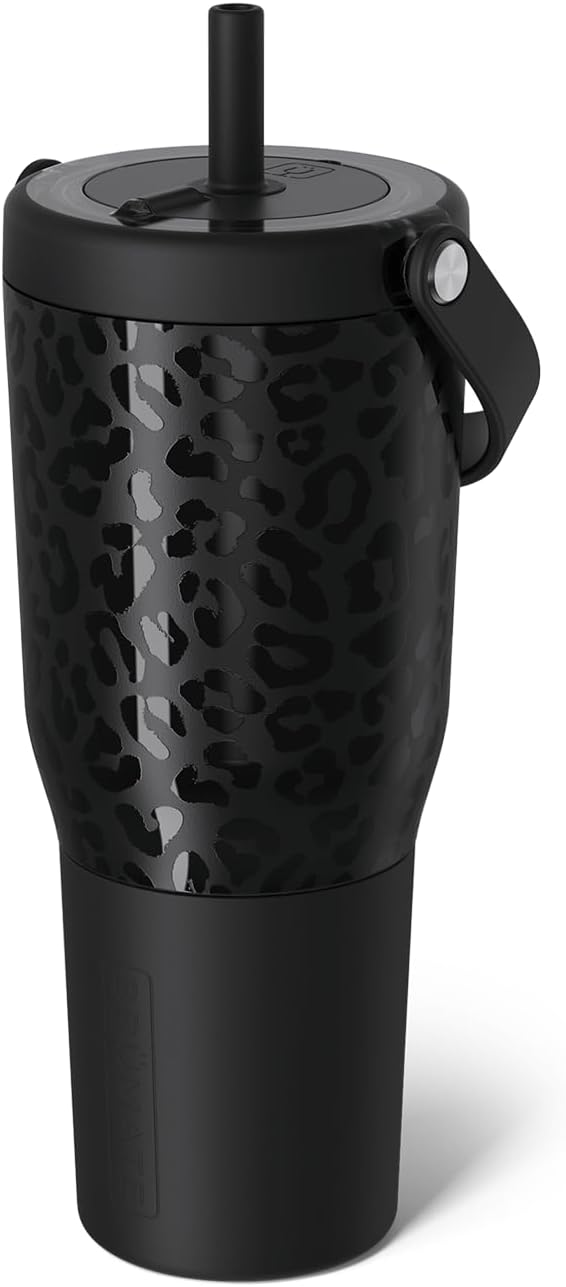 BrüMate Resa 35oz 100% Leakproof Travel Tumbler w/Handle & Straw | Flexible SoftSip Straw | Silicone Sleeve for Durability | Stainless Steel | Cup Holder & Travel Friendly Water Bottle (Onyx Leopard)
