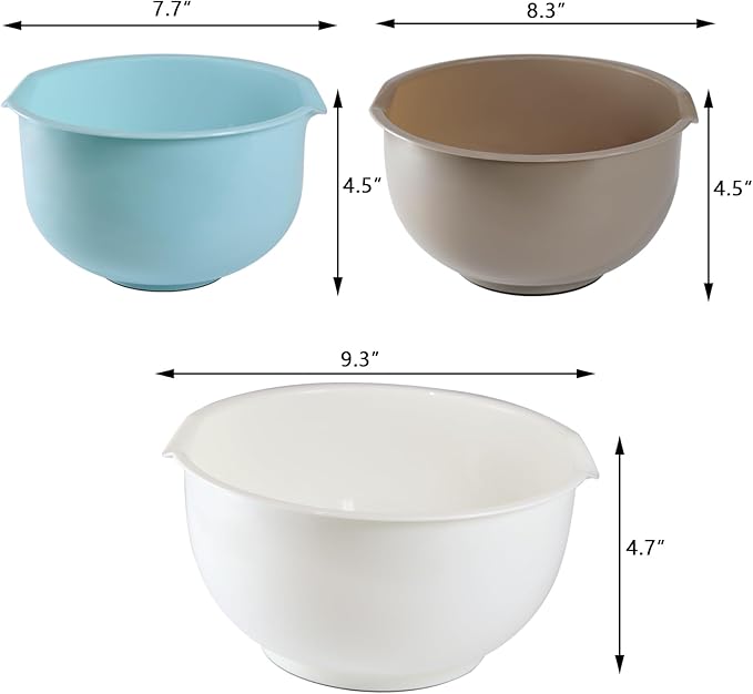 Set of 3 Mixing Bowls with Pour Spout-Nesting Design Saves Space - Non-Slip, BPA Free, Dishwasher Safe Plastic - Kitchen Cooking and Baking Supplies (Blue Grey white)