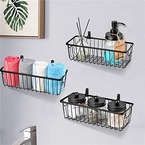 SheeChung Farmhouse Metal Wire Bin Basket with Wall Mount - Small, 4 Pack - Portable Hanging Wall Basket, Rustic Home Storage Organizer for Cabinets, Pantry, Closets, Bathroom, Kitchen,Bedroom(Black)