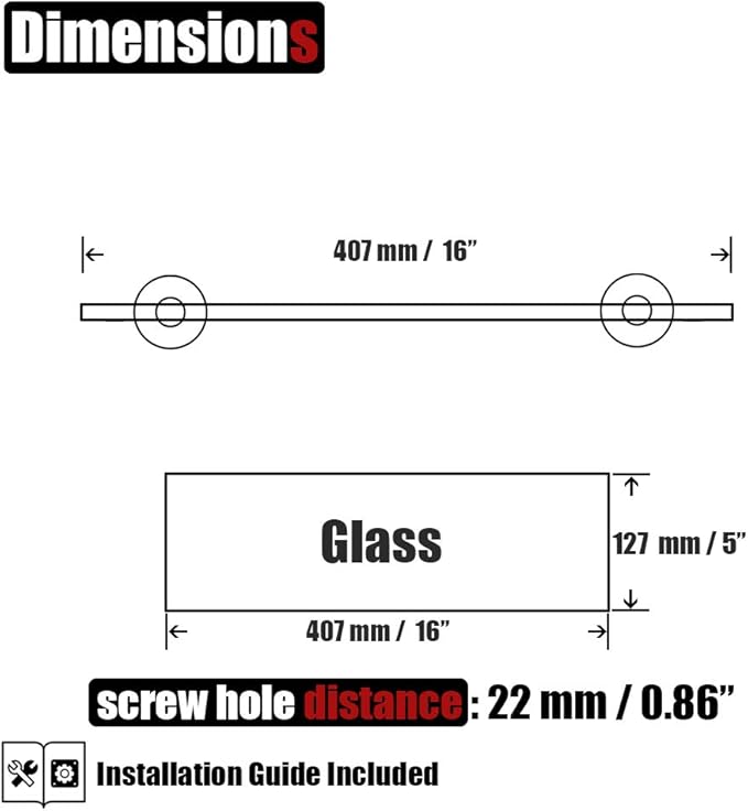 JQK Bathroom Glass Shelf Gold, Tempered Glass Shower Storage 16 by 5 inches, 304 Stainless Steel Brushed Gold Wall Mount 2 Pack, TGS101L16-BG-P2