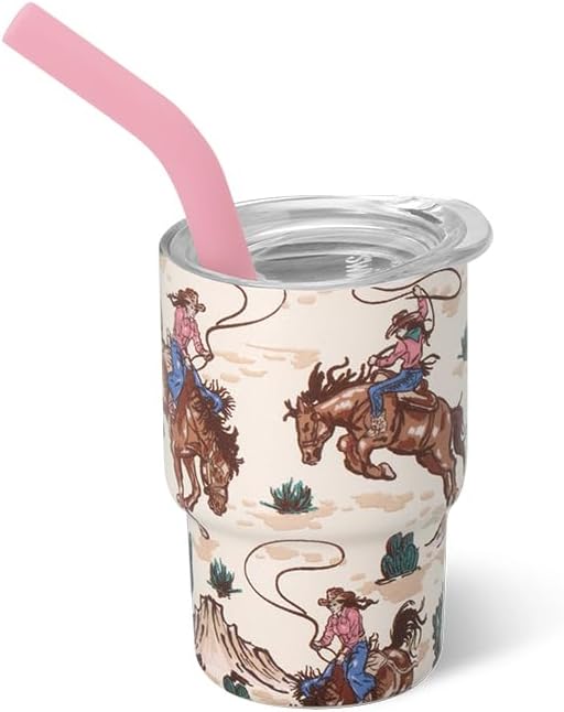 Swig Life Swig Shots Insulated Tumbler 2oz, Stainless Steel Mini Tumbler with Lid and Silicone Straw, Double Wall & Vacuum Sealed, Mini Tumblers for Shots (Giddy Up)