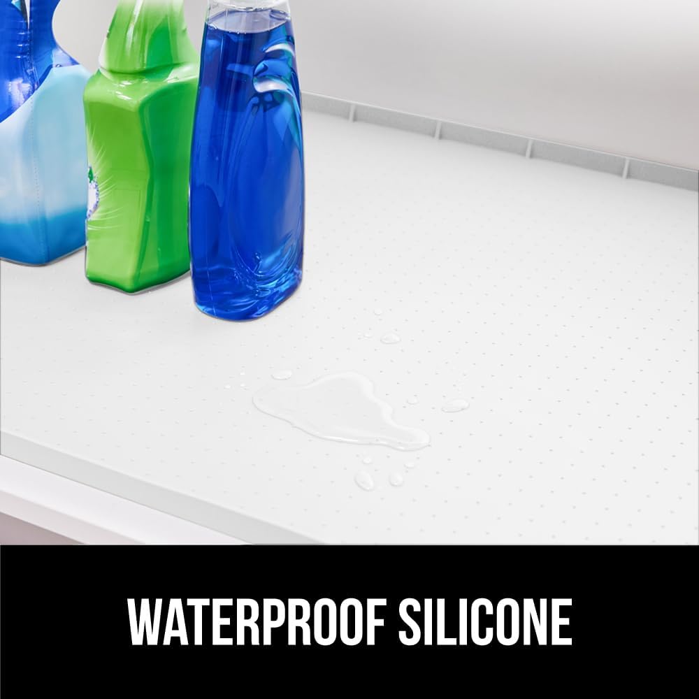 GORILLA GRIP Waterproof Silicone Under Sink Mat with Raised Lip for Kitchen and Bathroom, 46 x 22 in, Cabinet Shelf Liner Stay in Place Mats Dishwasher Safe Drawer Liner, Organizer Tray, White