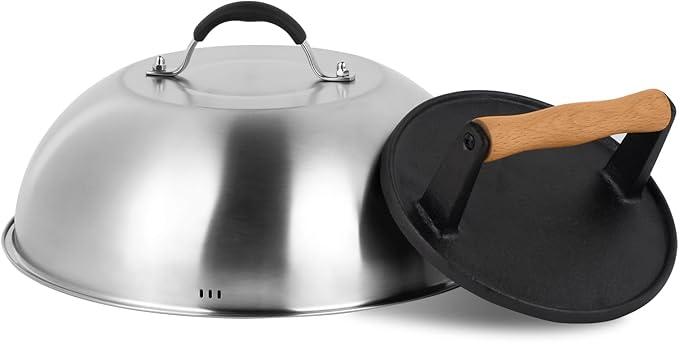 SHINESTAR Cast Iron Burger Press with 12-Inch Melting Dome for Blackstone Griddle, Smash Burger Press & Basting Cover Set, Flat Top Grill Accessories for Bacon, Cheese Melting, Indoor Outdoor Cooking