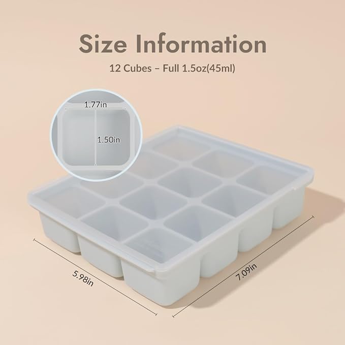 Baby Food Storage Silicone Cubes with Clip-On Lid Freezer Tray Baby Food Soups Purees Ice Safe Design Made in Korea(12cubes 1.5oz, Ocean Blue Set of 2)