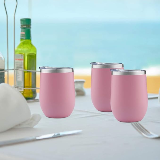 MEWAY Stemless 12oz Wine Tumbler Glasses with Lid -Insulated Double Wall Vacuum Stainless Steel Travel Tumbler with Straw,for Woman Under 10 dollars (Pink,1)
