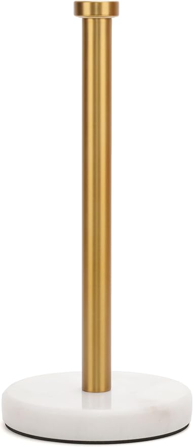 Paper Towel Holder Countertop, Heavy Weighted Marble Gold Paper Towels Holder for Kitchen Counter,Modern Standing Papertowel Roll Holders(Brushed Gold Stainless Steel Bar, White Natural Marble Base)