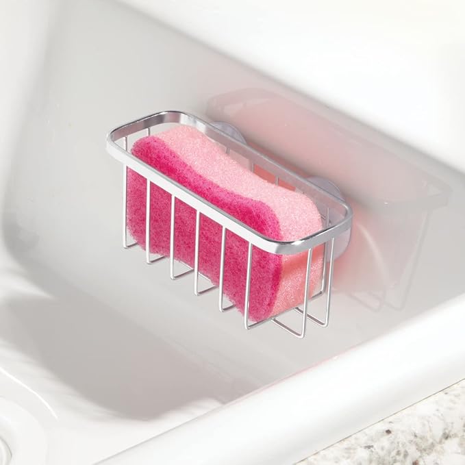 iDesign Gia Stainless Steel Dish Sponge Holder Basket with Suction Cups, Ideal for Kitchen Sinks and Bathroom Organization, 2.25"D x 2.5"W x 5.75"H, Set of 1, Polished