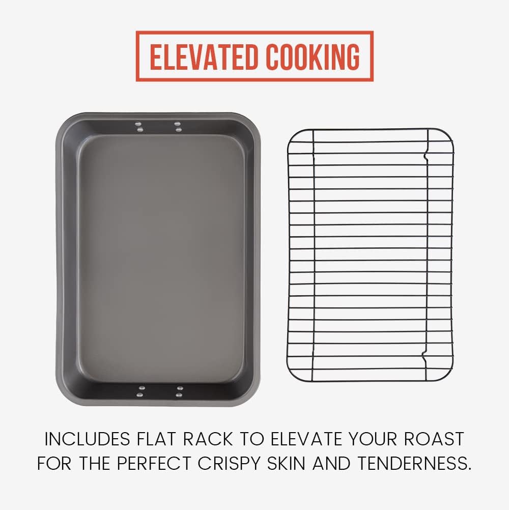Chef Pomodoro Nonstick Carbon Steel Large Roasting Pan with Rack, Turkey Roasting Pans for Oven, Roaster Pan with Flat Rack, Turkey Pan for Oven, Bakeware Grey