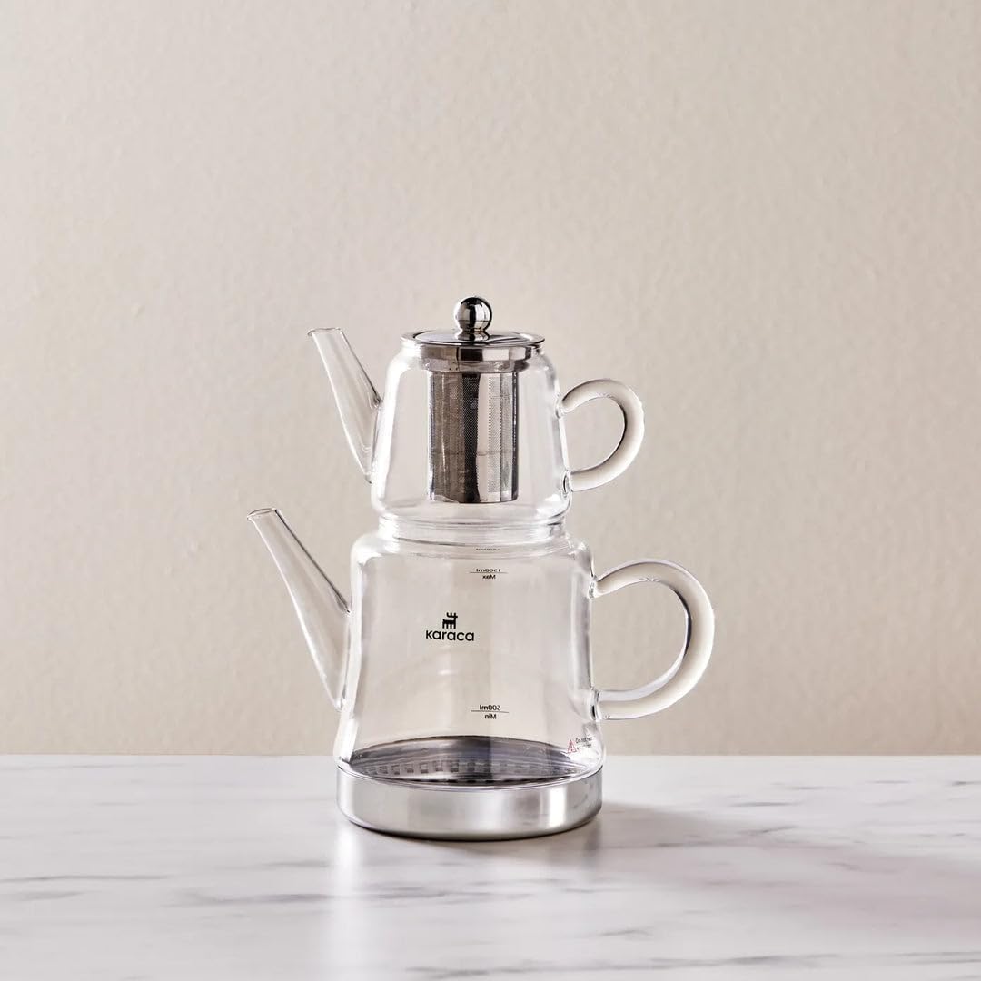 Karaca Dora Teapot Set, Glass, Tea Pot 0.45 L, Kettle 1.8 L, Silver, Transparent, Tea Maker, Turkish Tea Kettle, Tea Maker
