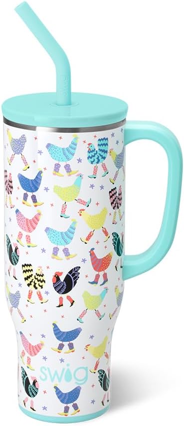 Swig Life 30oz Mega Mug, 30oz Tumbler with Handle and Straw, Large Insulated Tumblers, Cup Holder Friendly Travel Mug, Stainless Steel 30 oz Tumbler, Reusable Insulated Water Bottle (Funky Chicken)