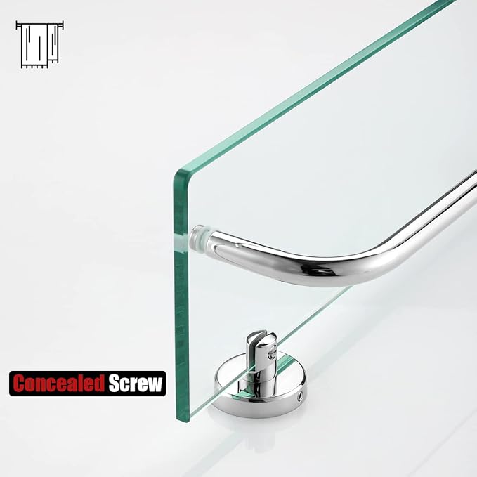 JQK Bathroom Glass Shelf Polished Chome, Shelf with 15 Inch Towel Bar Tempered Glass Shower Storage 16 by 5 inches, 304 Stainless Steel Silver Finish Wall Mount, TGS100-CH