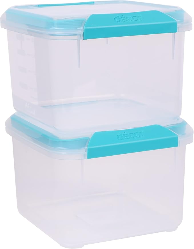 Décor Large Food Storage Containers | 2 Pack - 2 x 1.4L | Reusable Plastic Airtight Food Containers | Fresh Seal Clips | Microwave, Freezer & Dishwasher Safe | 1.4L Capacity