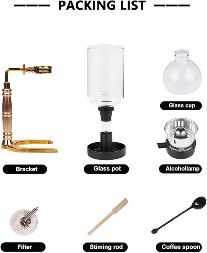 Stovetop Siphon Coffee Maker, Manual Vacuum Coffee Maker 3-Cup (360ml) with Alcohol Burner, Adjustable Buffer Clamp, Stainless Steel Bracket Base for Coffee Aficionados