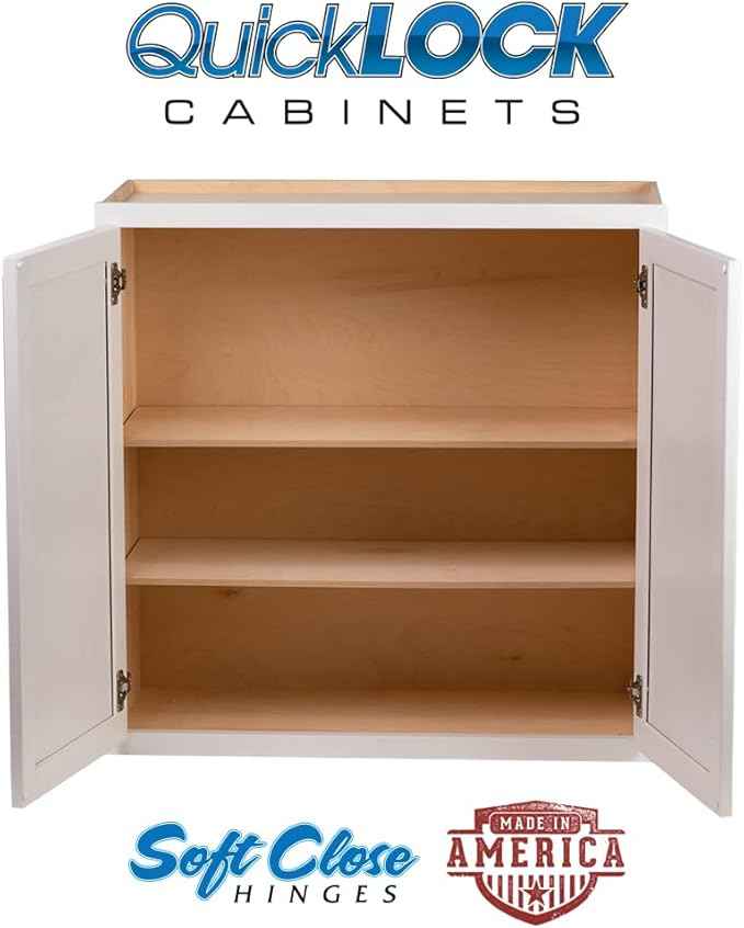 Quicklock RTA (Ready-to-Assemble) 42" Tall Wall Kitchen Cabinets - Shaker Style | 100% Hardwood | Made in America | Soft Close Hardware (Pure White, 12" D x 30" W x 42" H)