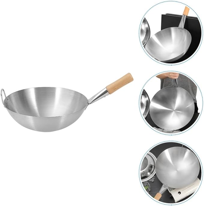 Wok Pan Stainless Steel Stir Fry Pans Wok Frying Wok Pan Induction Stove Wok with Wood Handle Cooking Skillet Cookware for Gas Induction or Electric Stove Wok
