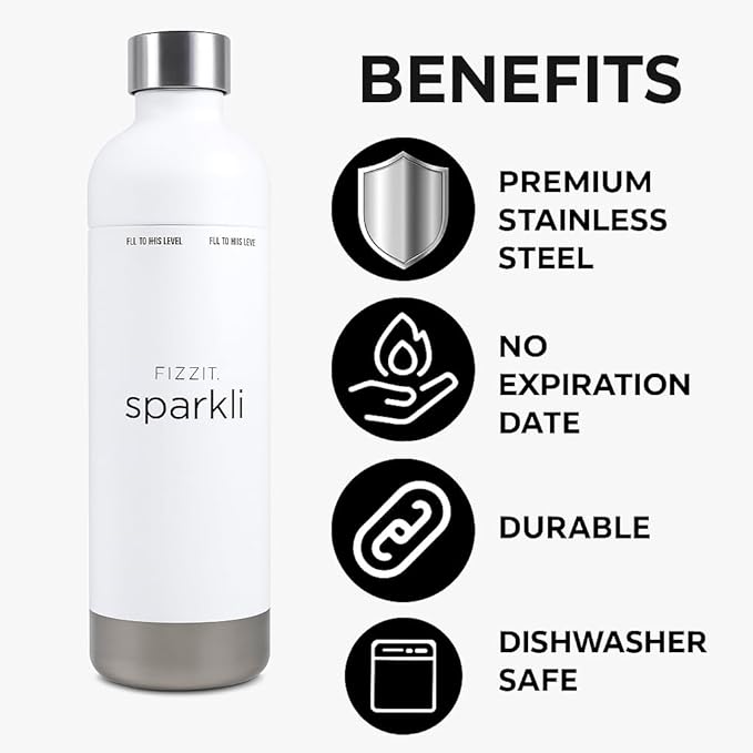 Fizzit Spärklï Carbonated Water Soda Maker in White with 2 Black Stainless Steel Bottles & 1 White Stainless Steel Bottle