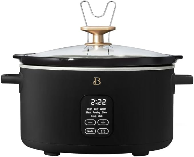Beautiful 6 Qt Programmable Slow Cooker by Drew Barrymore -5 Preset Cooking Functions, Digital Countdown Timer, Dishwasher-Safe Parts and Cool-Touch Handles (Black Sesame)