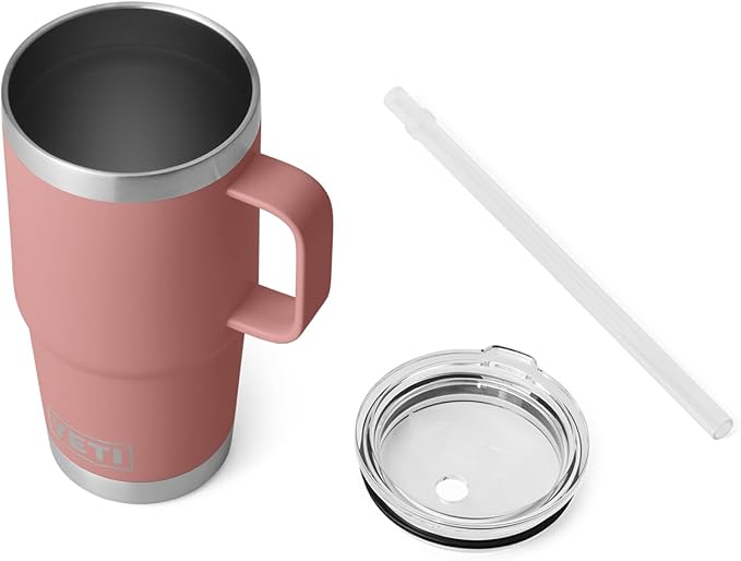 YETI Rambler 25 oz Tumbler with Handle and Straw Lid, Travel Mug Water Tumbler, Vacuum Insulated Cup with Handle, Stainless Steel, Sandstone Pink