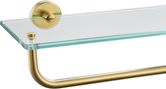 JQK Bathroom Glass Shelf, Shelf with 19 Inch Towel Bar Tempered Glass Shower Storage 20 by 5 inches, 304 Stainless Steel Brushed Gold Wall Mount, TGS100L20-BG