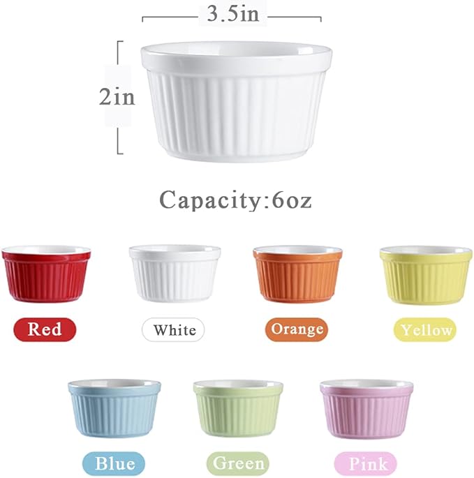 Ramekins 6oz Oven Safe,Creme Brulee Ramekin and Souffle Dishes,Porcelain Baking Bowls,Dipping Sauce Dish.Pudding Cups,Set of 6,Colorful.