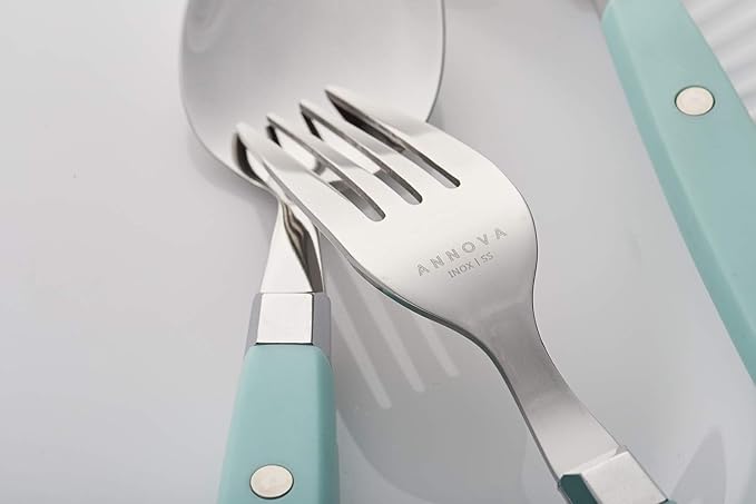 ANNOVA Silverware Set, Retro/Rivet Colorful Stainless Steel Tableware Kitchen Flatware Set Utensils, Includes Dinner Knives, Forks, Spoons & Dessert Spoons (Turquoise, 24 Pieces)