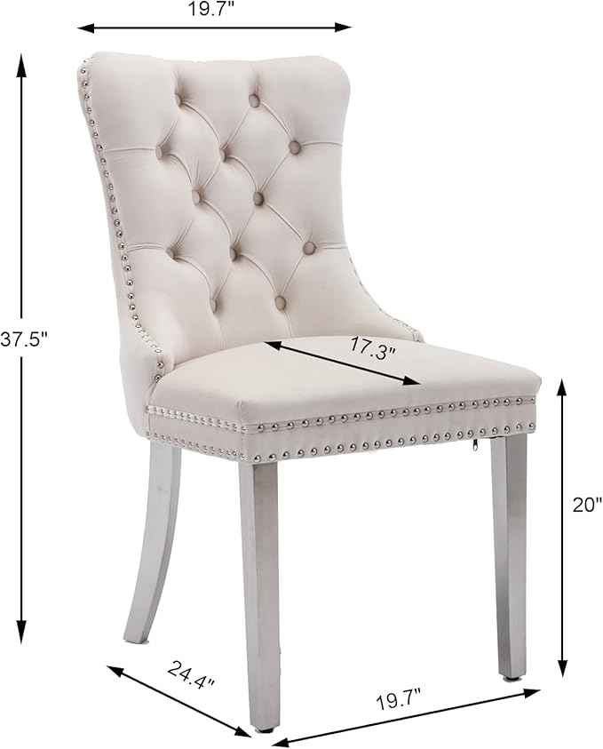 Velvet Dining Chairs Set of 6, Upholstered Dining Room Chairs with Back Ring Pull Trim and Sliver Stainless Steel Legs,Modern Kitchen Chairs Perfect for Dining Room,Living Room,Kitchen(Beige)