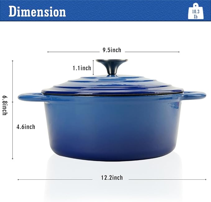 4.5QT Enameled Cast Iron Dutch Oven with Lid, Heavy-Duty and Dual Handles Cookware Round Pot, Oven Safe up to 500° F for Baking, Braising, Cooking and Roasting, Blue
