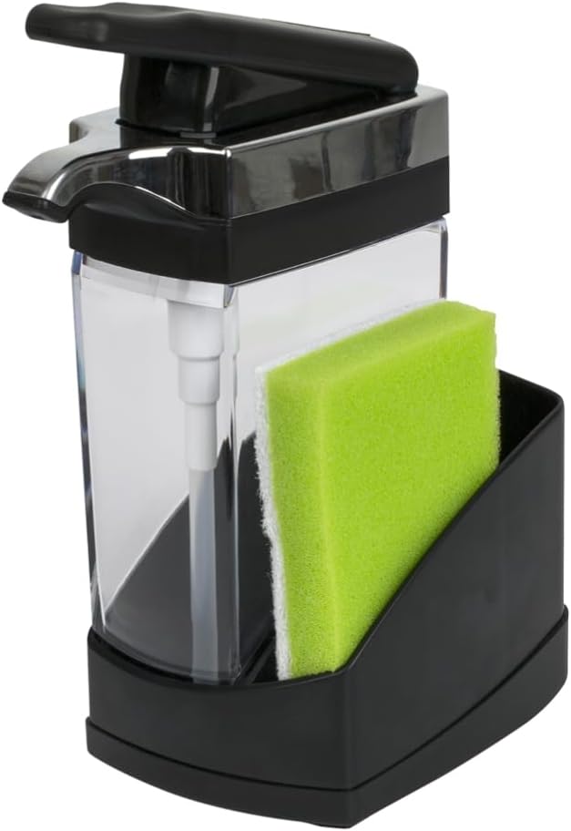 Casabella Sink Sider Solo Kitchen Soap Pump and Sponge Caddy, Black/Chrome - 2-in-1 Soap and Sponge Caddy, One-Hand Soap Dispensing, Easy to Refill and Clean, Efficient Size (Pack of 6)