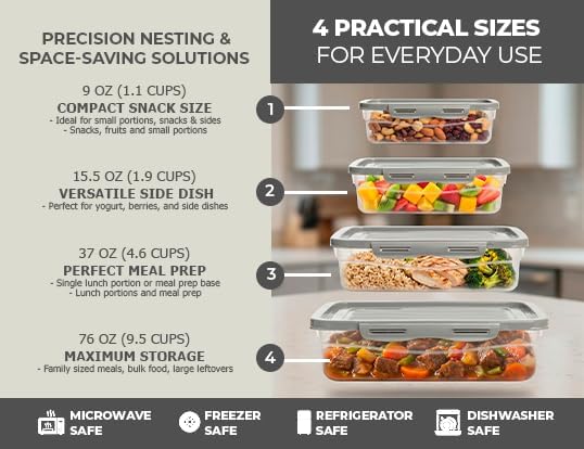 GIOTTO FreshStack 4-Piece Rectangular Food Storage Container Set with Lids 9oz, 15.5oz, 37oz, 76oz - BPA Free - Dishwasher, Microwave and Freezer Safe Stackable