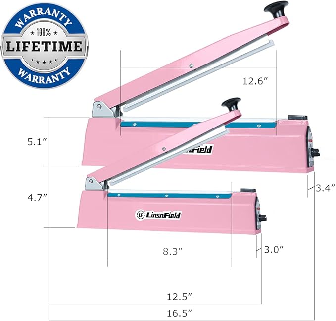 Sealer Pro, Patented 8-inch Impulse Heat Sealer, 2-mm Sealing Width Super Heavy Duty Bag Sealing Machine with Extra 2 Replacements, 1Fuse Included, Pink