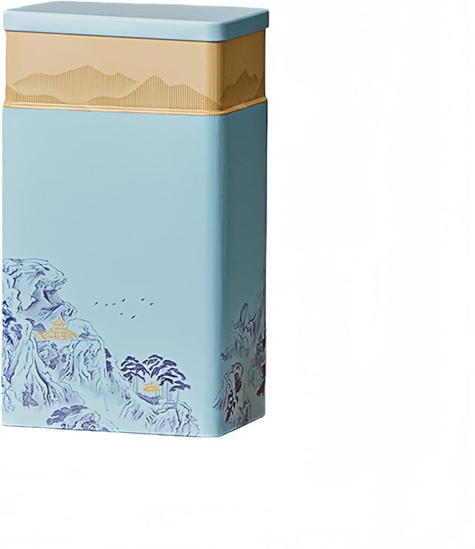 HAN SHENG Tea Canister, Airtight Storage Tin for Loose Leaf Tea & Bags, 8-Inch Decorative Metal Container with Oriental Mountain Design, Blue