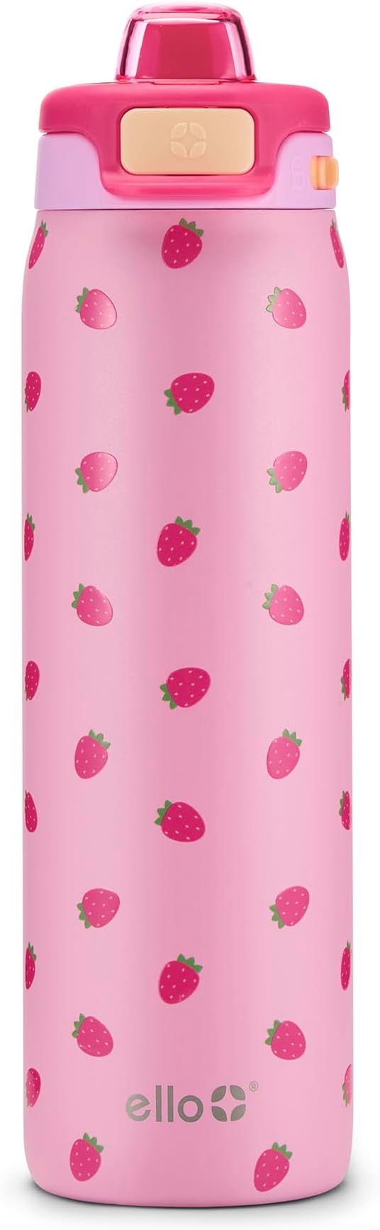 Ello Pop & Fill 22oz Stainless Steel Water Bottle with QuickFill Technology, Double Walled and Vacuum Insulated, Leak Proof Locking Lid, Straw and Chug, Fits Cupholder, Reusable BPA Free, Strawberries