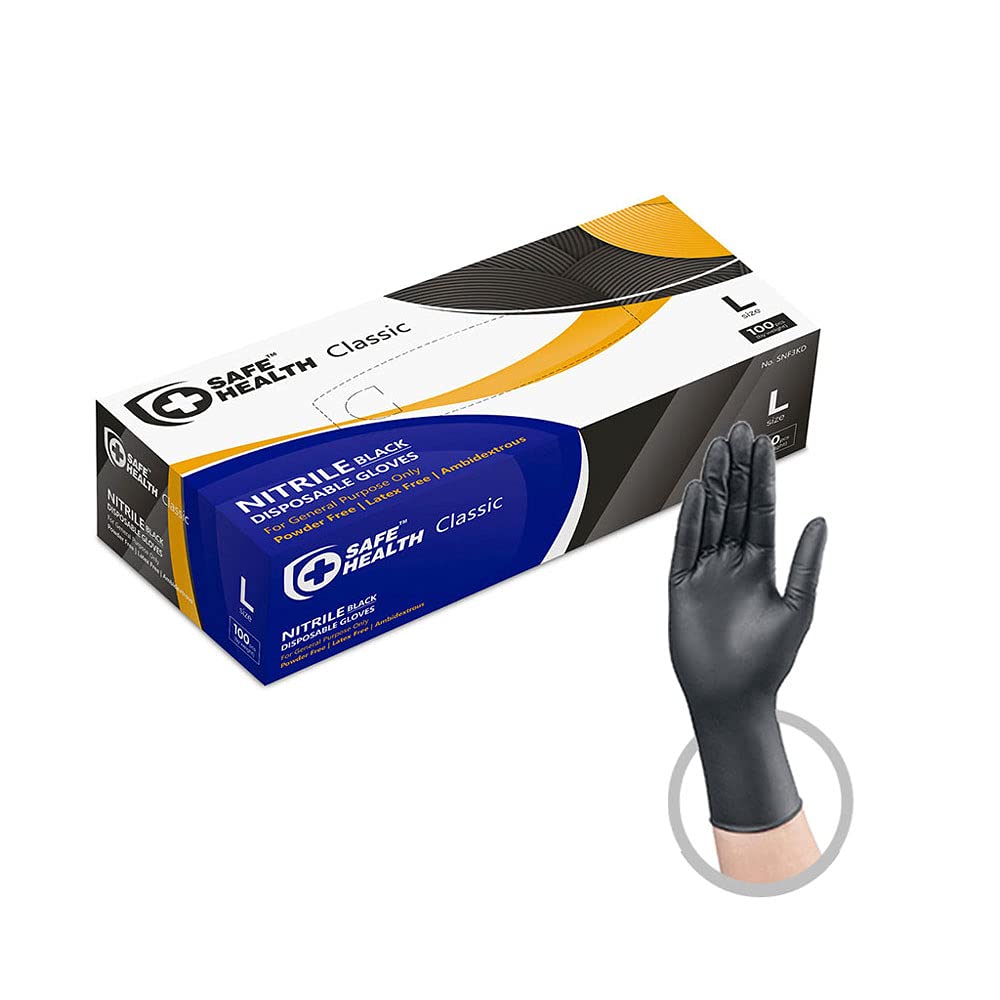 SAFE HEALTH Nitrile Black Industrial Disposable Gloves-Large 3.5 Mil Box of 100 Powder Free-Latex Free Tattoo-Beauty Salon-Hair Nail Studio-Auto Repair-Car Maintenance-Household-Daily