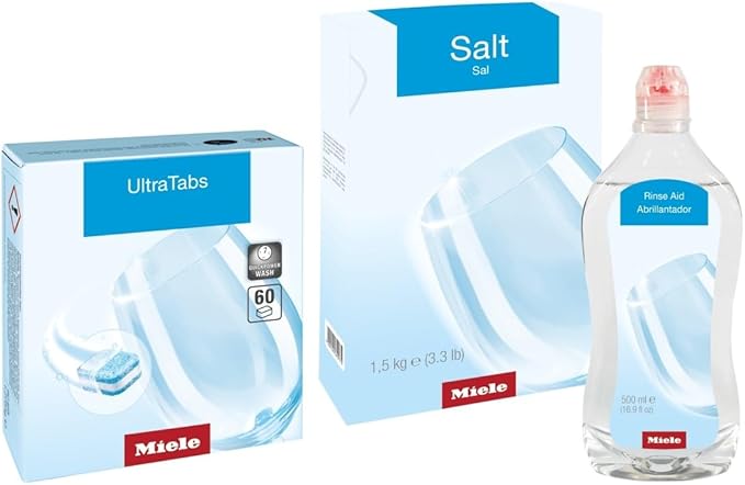 Miele Dish Essentials Cleaning Value Bundle for Miele Dishwashers, Includes 60 UltraTabs in Biodegradable Wrapping, 1.5 kg Dishwasher Salt, and 500 ml Rinse Aid, Phosphate-Free – 11791100