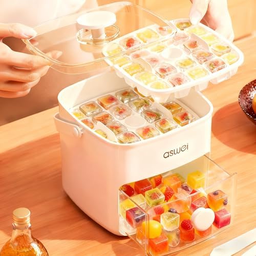 Plastic Ice Cube Trays with Bin and Scoop for Freezer+Ice Cube Trays Press Easy Release