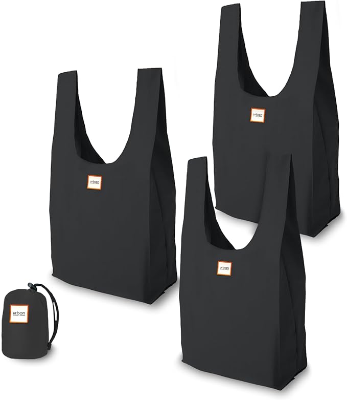 Urban Market Bags - Onyx - 3 Foldable Reusable Shopping Bags in 1 Compact Pouch, Luxury Quality, Recycled Fabric, Holds 50+ lbs, Machine Washable, Pouch Fits in Cupholder, Designed in California