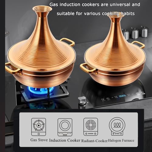 Large Stainless Steel Moroccan Tagine Pot, 30cm Non-Stick Tajine Casserole with Cone Lid & 2 Handles - Elegant Gold Design for Authentic Moroccan Cooking