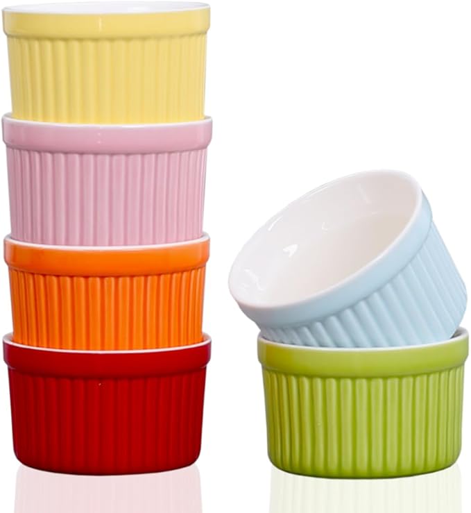 Ramekins 4oz,Creme Brulee Ramekins and Souffle Dishes,Porcelain Oven Safe Baking Bowls,Pudding Cups,Dipping bowl,Set of 6,Color