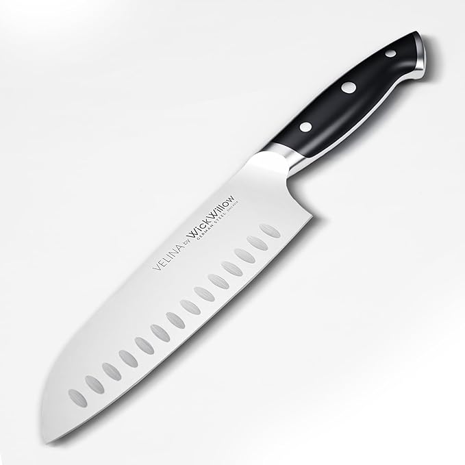 WICKWILLOW 7 Inch Santoku Knife – Razor Sharp German Steel – 7 Inch Kitchen Knife for Slicing, Dicing & Mincing – Hollow Edge & Full Tang – Gift Box – Velina Series