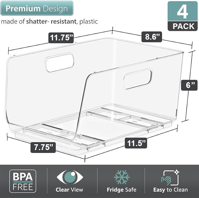 Sorbus Stackable Storage Bins Open Front - Clear Stackable Storage Bins - Pantry Bins for Storage and Organization - Acrylic Stackable Bins for Kitchen - Clear Pantry Organizer Bins (Medium 4 Pack)