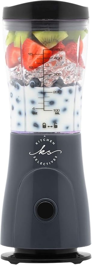 Kitchen Selectives 14-Ounce Mini Blender Color Series - Personal, Portable Blender for Fruit Smoothies & More - With Powerful Stainless Steel Blade & Drink Lid - Dark Gray