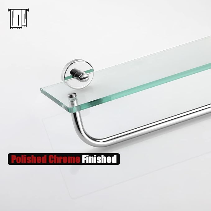 JQK Bathroom Glass Shelf Polished Chome, Shelf with 15 Inch Towel Bar Tempered Glass Shower Storage 16 by 5 inches, 304 Stainless Steel Silver Finish Wall Mount, TGS100-CH
