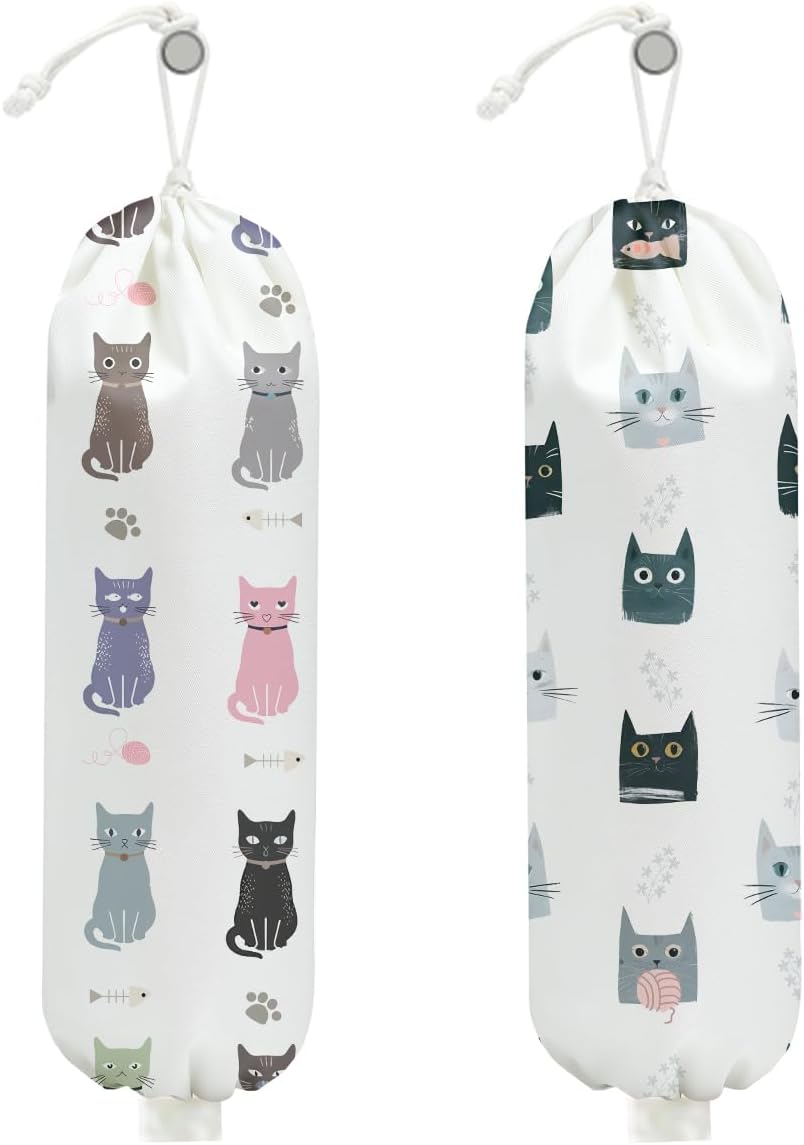 2 Pcs Cat Plastic Bag Holder, Wall Mount Grocery Bag Holder for Plastic Bags, Large Reusable Grocery Bags Organizer Storage Dispenser for Home Kitchen Pantry Decor, Cat Lover Gifts for Women
