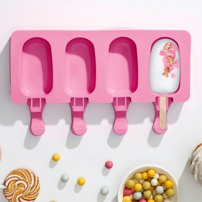 SAYAYA 4 Set Silicone Popsicle Molds with 200 Sticks, Reusable 4 Cavities Homemade Cake Pop & Cakesicle Mold for DIY Ice Cream, Ice Pop, Easy Release & Dishwasher Safe for Kids Family (Pink)