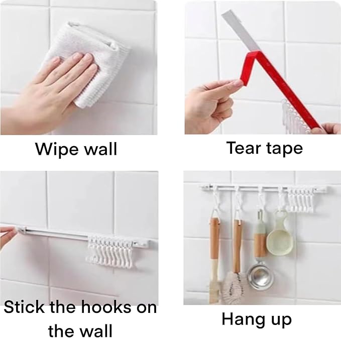 2Pcs Multifunctional Slide Rail Hook, Adhesive Wall Hooks Rack Kitchen Rail, Space Saving Utensil Rack with 10 Hooks No Drilling Hanger for Bathroom Kitchen Bedroom Office(40cm/15.7in)