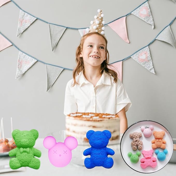 2 Pack Cute Bear Molds Silicone 6 Cavity 3D Cartoon Bear Themed Baking Mould Tray DIY Tool for Baby Shower Birthday Party Chocolate Cake Mousse Pastry Soap Crayons Cupcake Topper