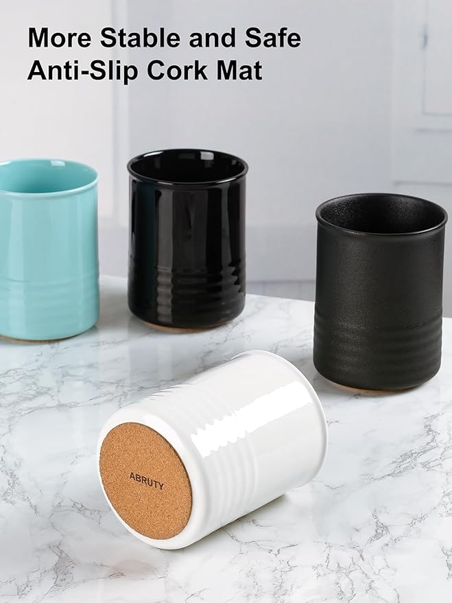 Utensil Holder, 6.7" Ceramic Kitchen Utensil Crock for Countertop Cooking, Modern Utensil Caddy Jar Organizer for Farmhouse Kitchen Counter Decor (White)