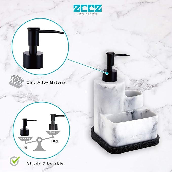 ZCCZ White Soap Dispenser with Sponge Holder, Kitchen Soap Dispenser Pump, Sponge Caddy and Brush Holder 3 in 1 Set Organizer for Sink Countertop, Removable Tray, Marble Look (Brush NOT Included)